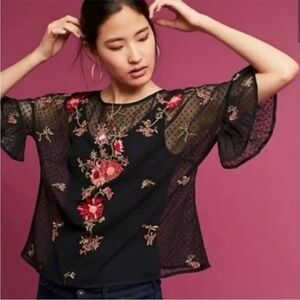 NWT Maeve Black Lace Blouse with Floral Embroidery